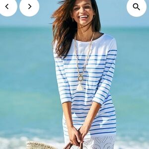 Vineyard Vines Shift Dress Blue White Stripe Eyelet Lace Hem 3/4 Slv Coastal S